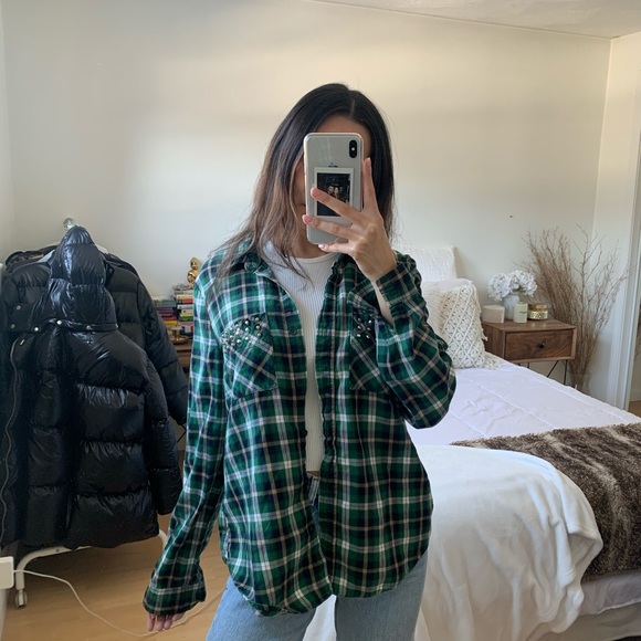 Forever 21 Tops - Forever 21 Green Studded Button Down Flannel